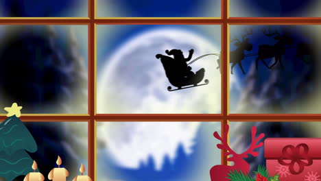 animation of santa claus in sleigh with reindeer seen through window and christmas decorations