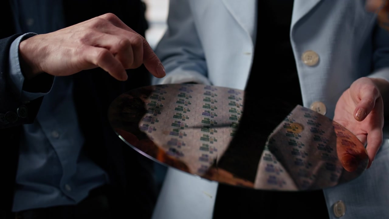 Nærbillede af hænder, der undersøger en siliciumwafer med mikrochips