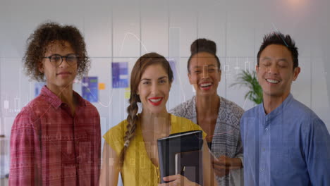 animation of statistical data processing against portrait of diverse colleagues smiling at office