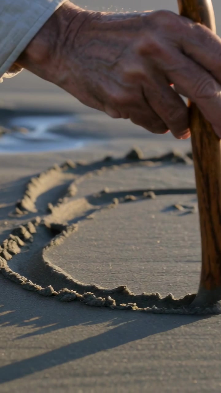 Vertikal video: En pind presses ned i vådt sand, mens en højre hånd tegner en spiral på stranden, med en synlig manchet.