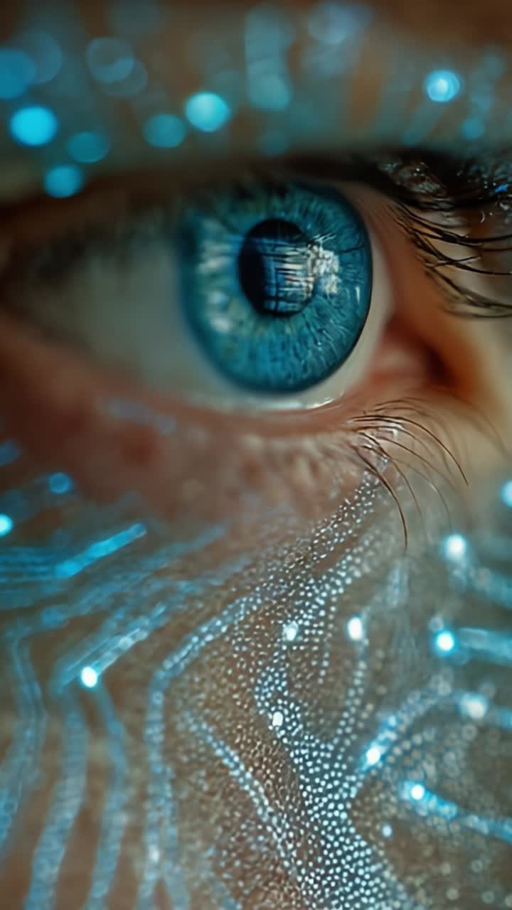 A Close-Up of a Striking Blue Eye Illuminated with Intricate Circuit Patterns and LED Lights, Merging Technology with Human Emotion in a Futuristic Aesthetic