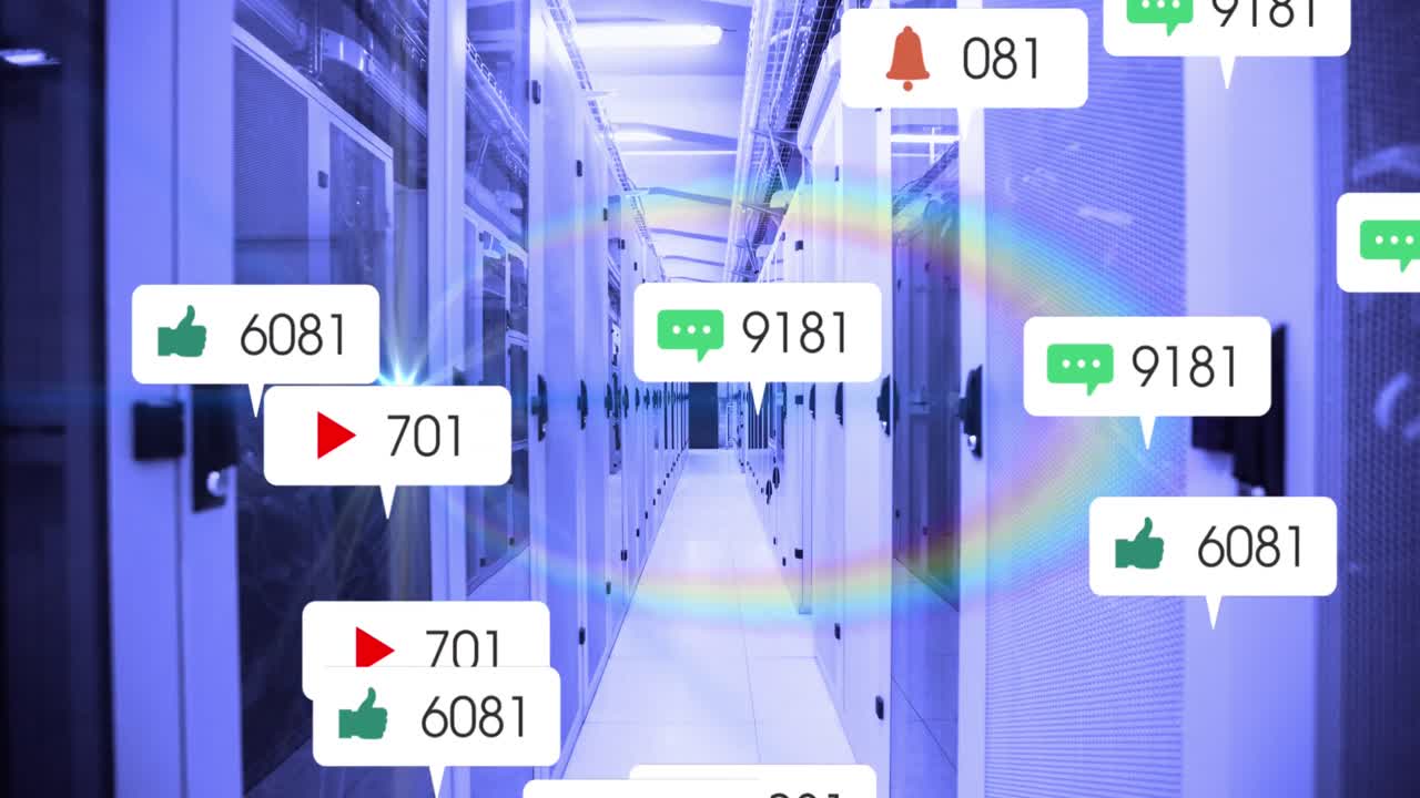 컴퓨터 서버를 통해 배너에 있는 소셜 미디어 아이콘과 숫자의 애니메이션