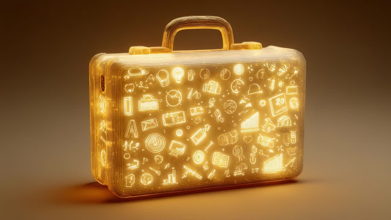 Luminous golden briefcase rotating and glowing from within, covered with various animated business, finance, and success icons representing knowledge, innovation, and global entrepreneurship