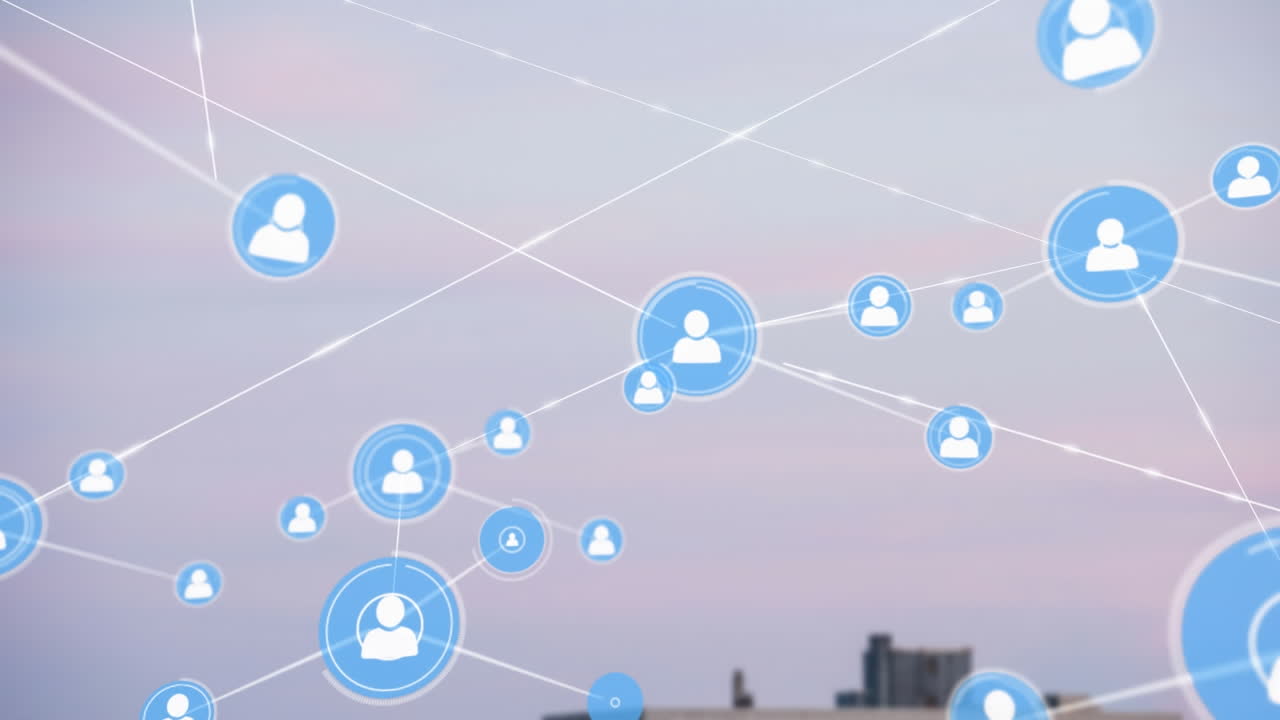 높은 건물의 공중 뷰에 대하여 프로필 아이콘의 네트워크의 애니메이션