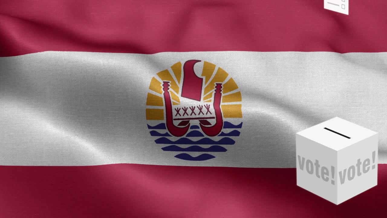 발 앞에 있는 투표용지 - 투표용지가 프랑스 폴리네시아를 위한 투표용지로 날아간다. 선택-선거-투표-프랑스 폴리네샤의 발 - 프랑스폴리네시아 발 높은 세부 사항 - 국가 발 프랑스폴리니시아 파동 패턴 루프 가능한 요소 - 직물 질감과 끝없는 루프