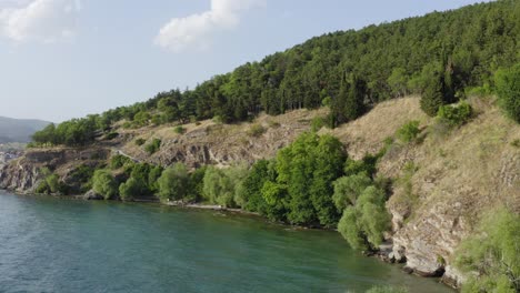 drone flying from lake ohrid to gree tree filled coastal cliffs, north macedonia