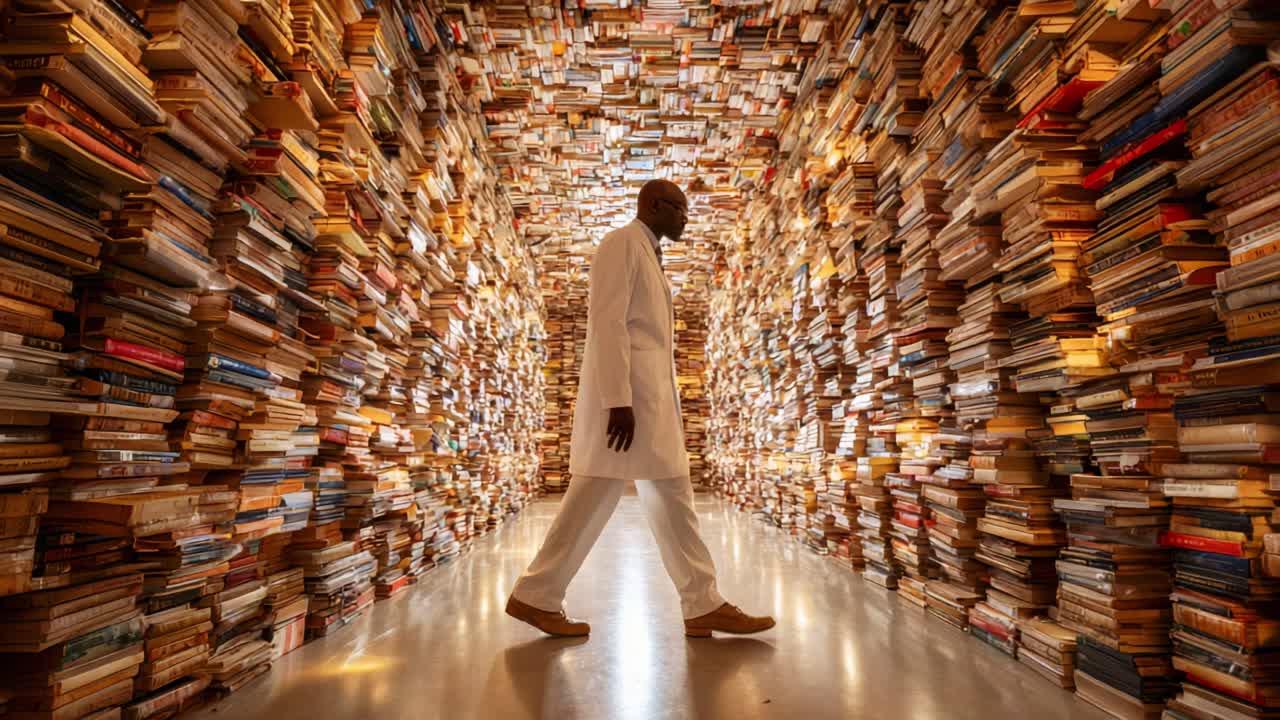 A solitary figure navigates a labyrinth of knowledge in a vast corridor lined with countless books, highlighting the profound connection between humanity and literature