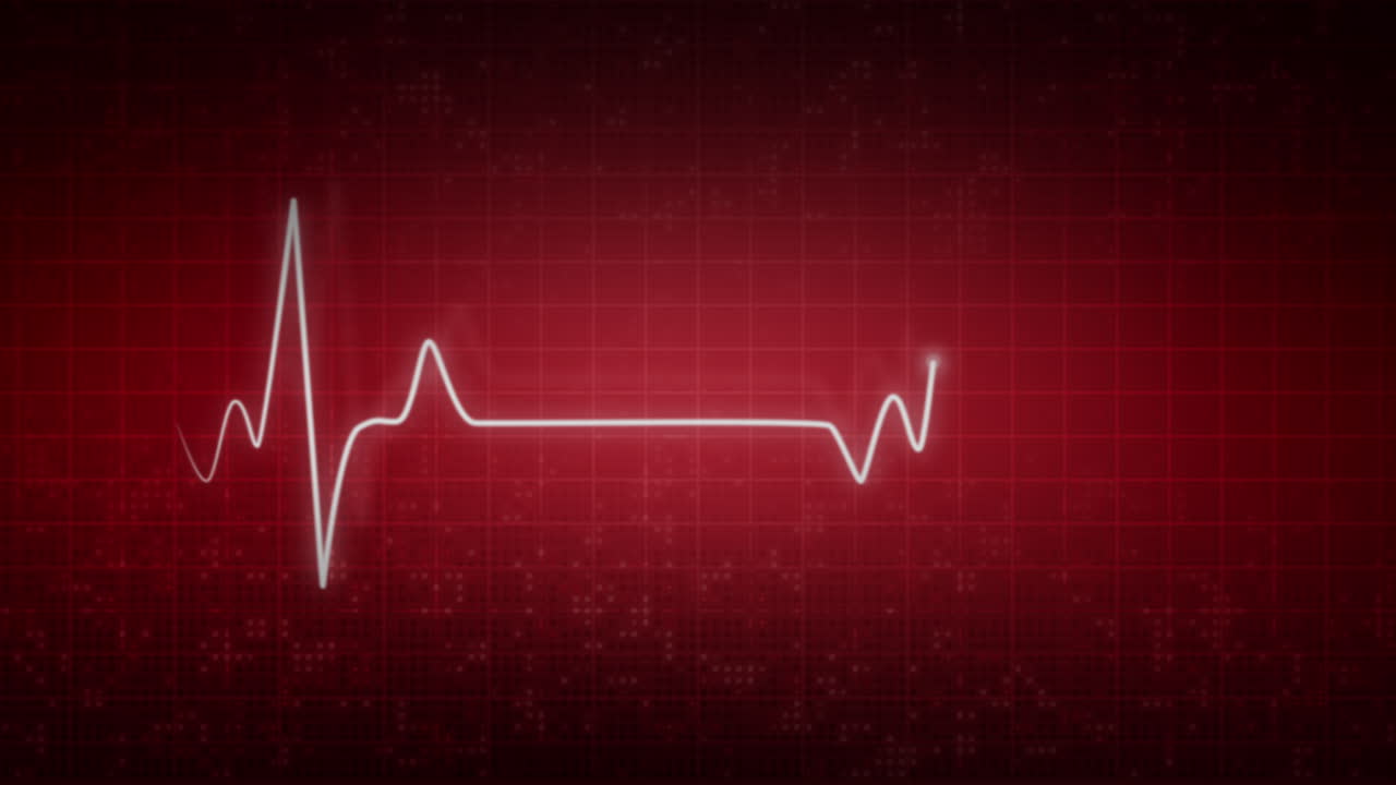 Display on monitor pulse line. Medical screen with animated looped red background with grid. Animation electrocardiogram heartbeat. Copy space.