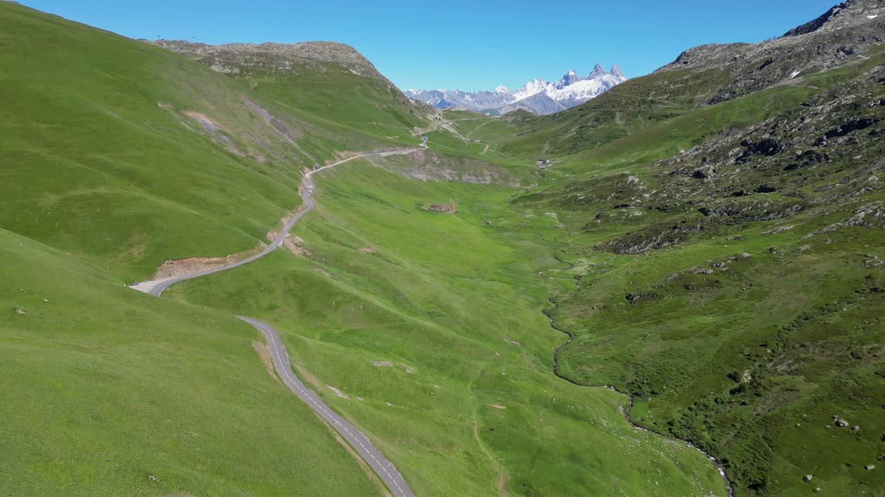 Scenic Winding Road and Mountain Pass Col de la Croix de Fer in French Alps - Aerial