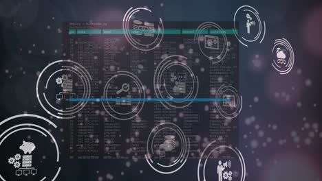 animación de la interfaz con iconos financieros e información que se mueve sobre un fondo oscuro