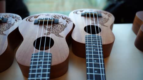 several wooden ukuleles with a turtle as a motif lie next to each other on a table