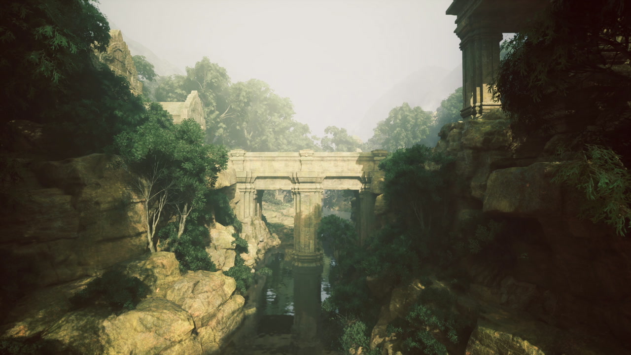 Majestic archway overlooking scenic rugged landscape with nostalgic ambiance