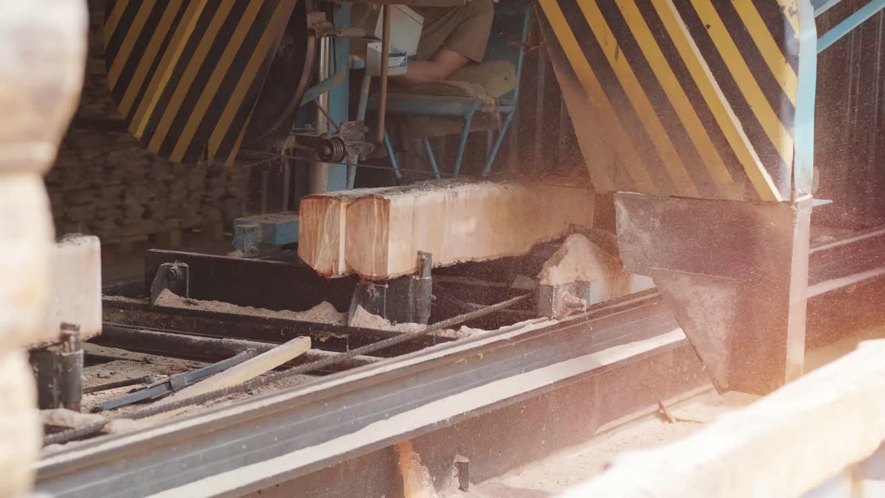 Closeup of cut pine tree log on sawing machine at wood production factory. Timber material processing and cutting at sawmill. Manufacturing process at lumber mill. Sawing woods on power machine