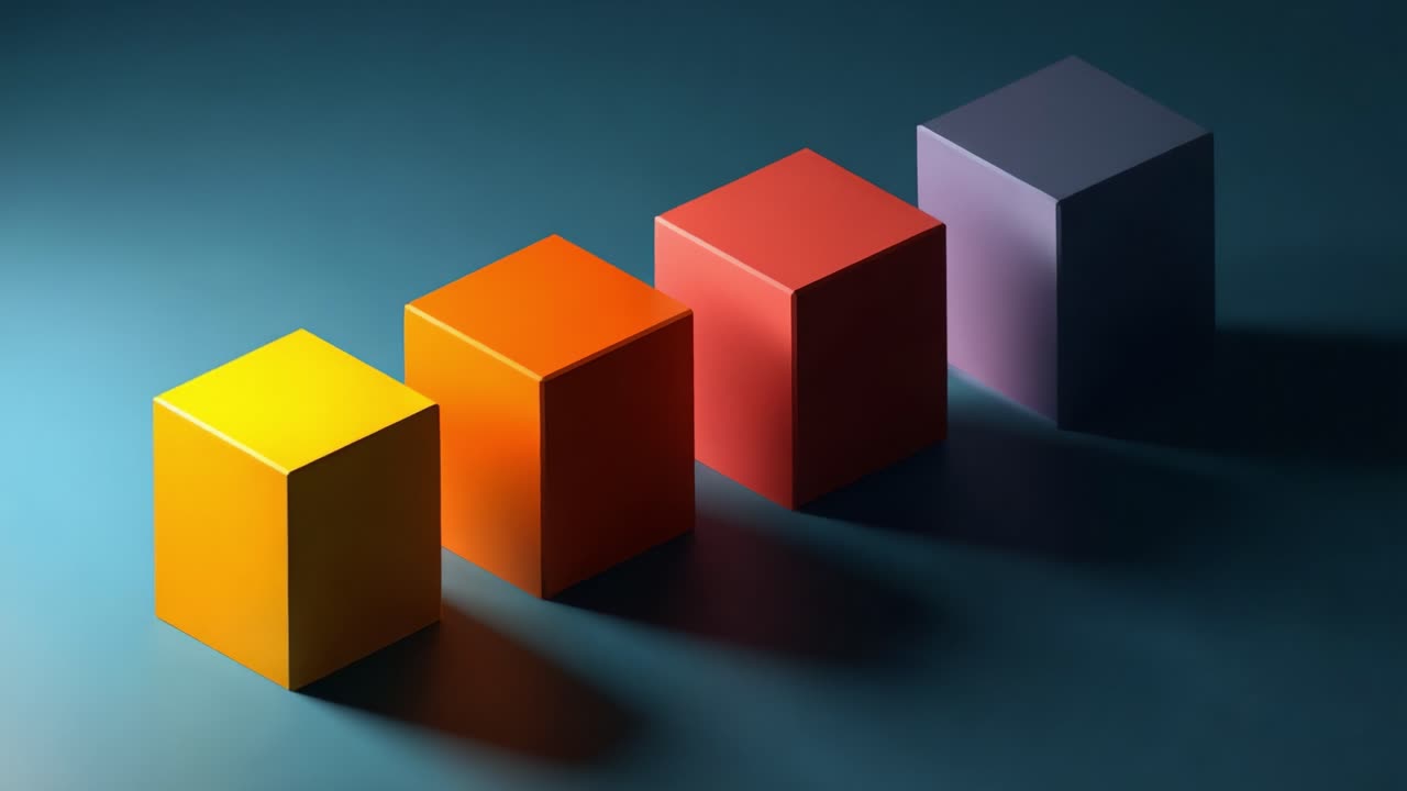 A Stunning Visual Display of Four Metallic Cubes in Vibrant Colors Each Casts Unique Shadows on a Softly Lit Surface, Showcasing the Beauty of Simple Geometry and Light
