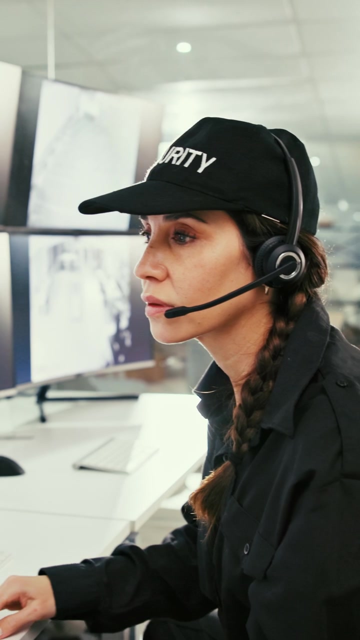 Female Security Guard Monitoring Surveillance Cameras in Control Room