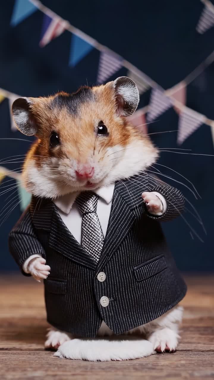 Adorable hamster wearing a pinstripe suit and tie stands confidently on a wooden surface, with colorful party flags adding a festive touch to the background