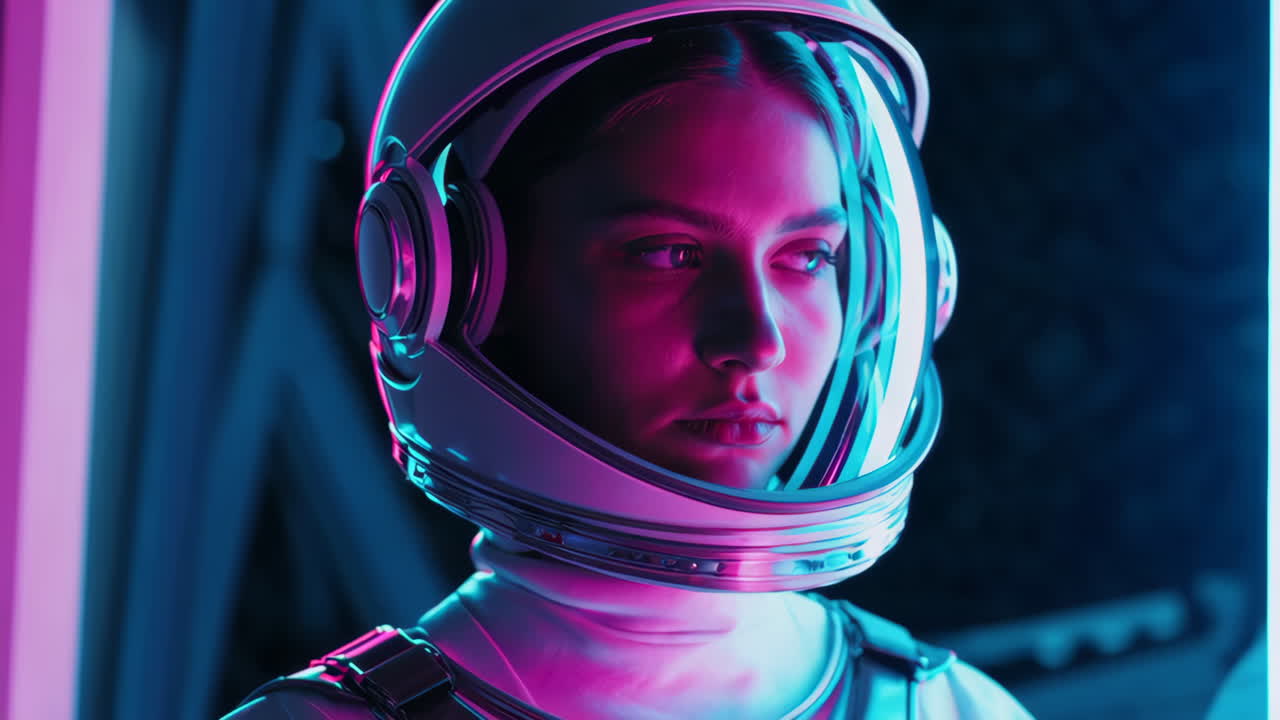 Donna con casco da astronauta futuristico e illuminazione al neon.