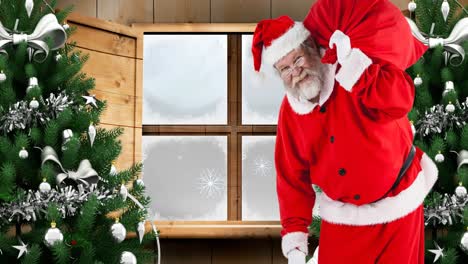 animación de santa claus manteniendo la bolsa de regalos sobre la ventana y el árbol de navidad