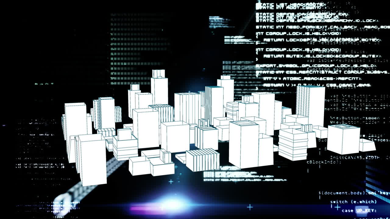 Animation of data processing over 3d cityscape drawing