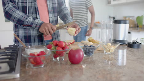 happy diverse gay male couple preparing fruit for smoothie in kitchen, copy space, slow motion