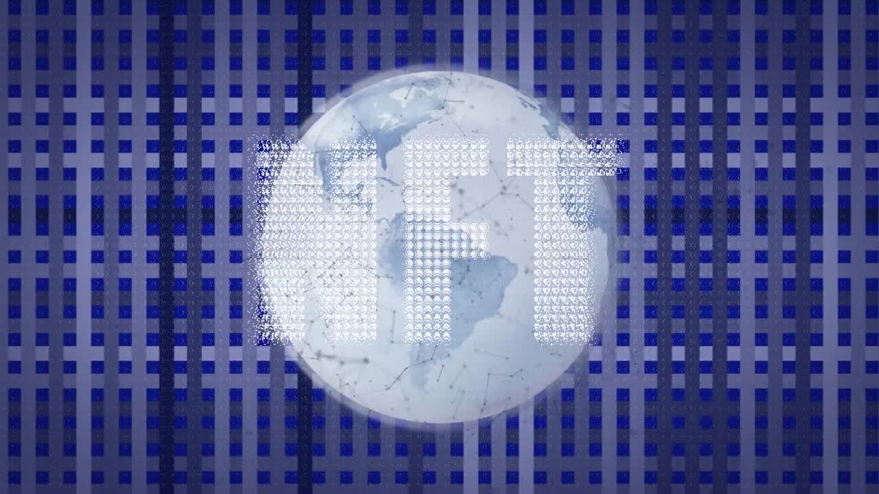 animación de nft y globo con conexiones sobre fondo de la marina comprobado