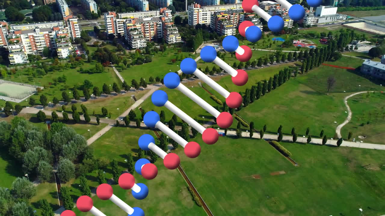 dna 구조의 디지털 구성은 도시 풍경의 공중 전망에 대해 회전합니다.