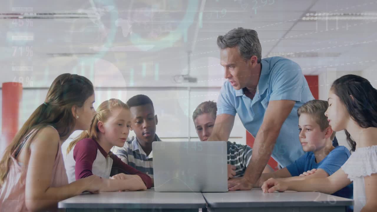 Animation of male teacher teaching multiracial students with laptop over infographic interface