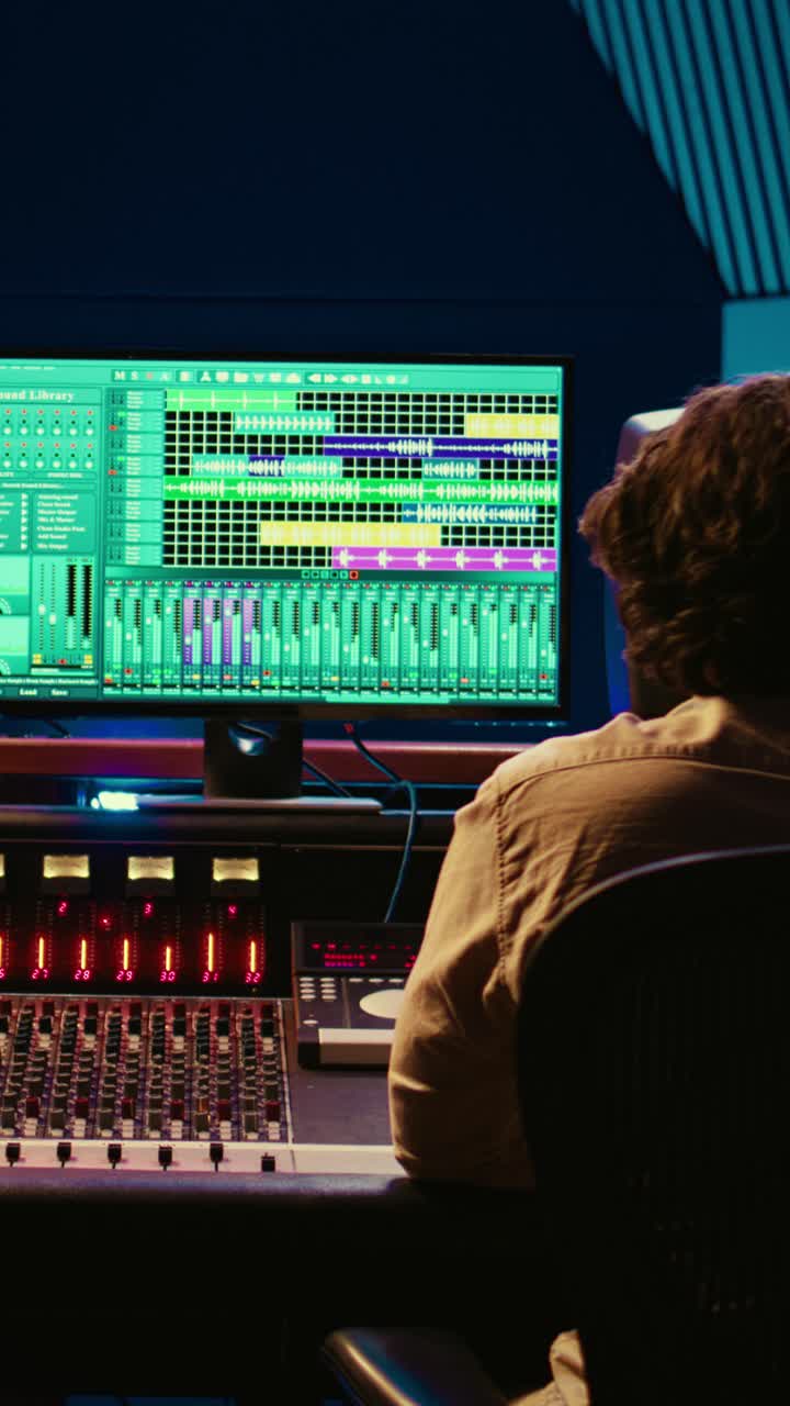 Ingegnere del suono che lavora su un mixer in uno studio di registrazione