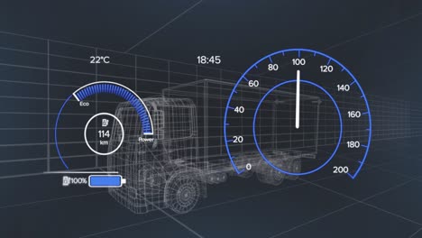 Animation-of-3d-car-model-and-speedometer-over-dark-background