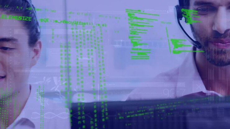 Animation of data processing over diverse business people wearing phone headsets
