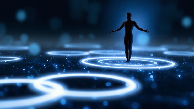 Světelná postava stojí v surreálné digitální krajině, obklopena zářícími kruhy, evokujícími témata propojení, spirituality a transcendence skrze světlo.