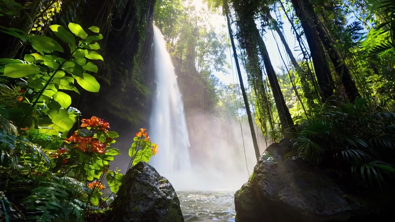 Maestosa cascata in una lussureggiante foresta pluviale tropicale con raggi di sole