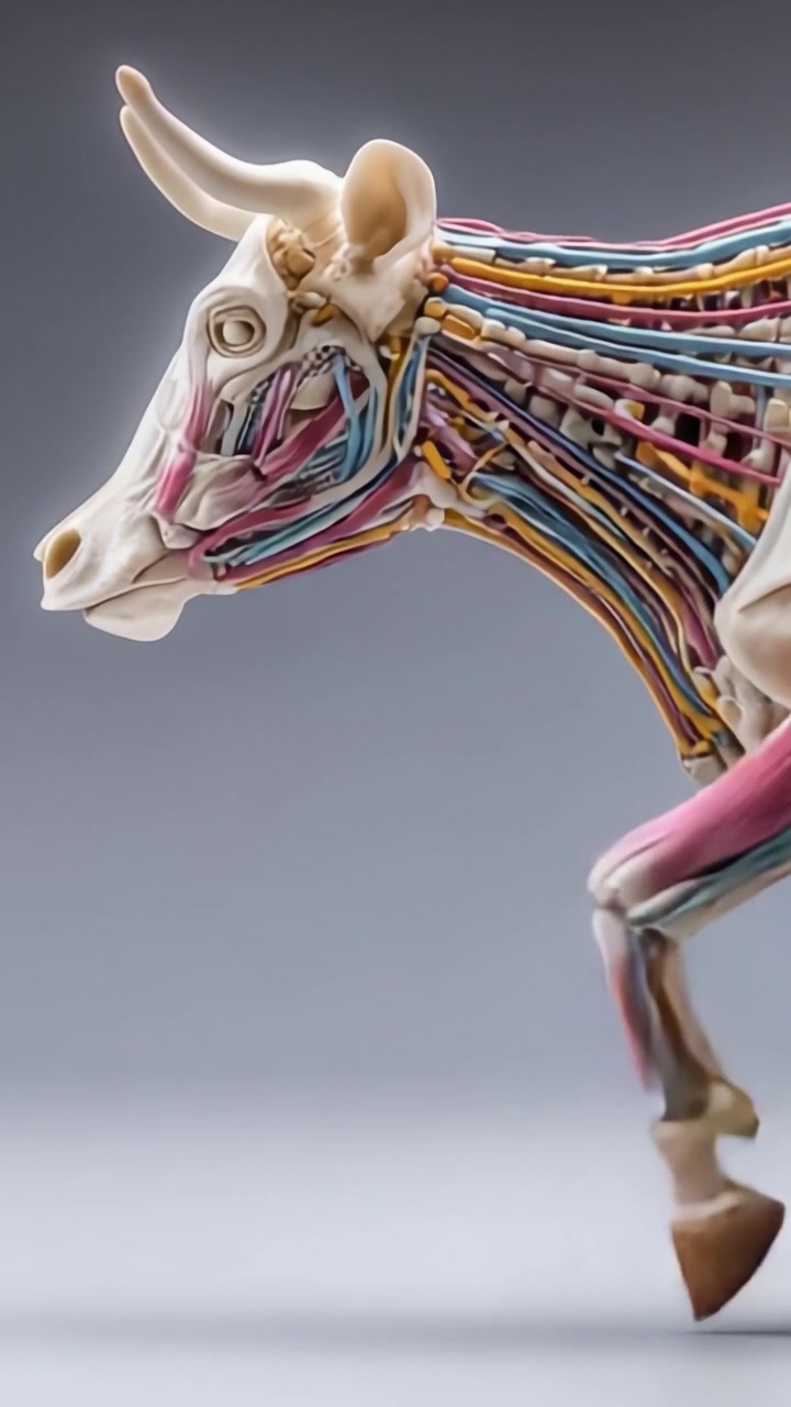 Una Rappresentazione Anatomica Dettagliata di una Mucca che Mostra Sistemi e Strutture Biologiche Complesse in una Sorprendente Esposizione Artistica
