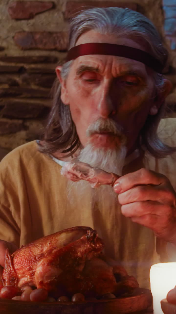 노인 손님은 중세 파티에 참여합니다. 배고픈 성숙한 수염이있는 영주가 영주 성의 식탁에서 음식을 먹고 와인을 마시고 있습니다. 역사적 재건.