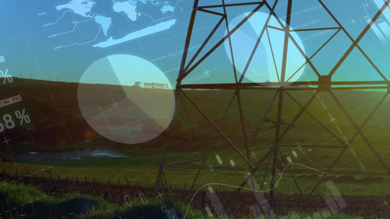animación del procesamiento de datos sobre la columna eléctrica y el paisaje