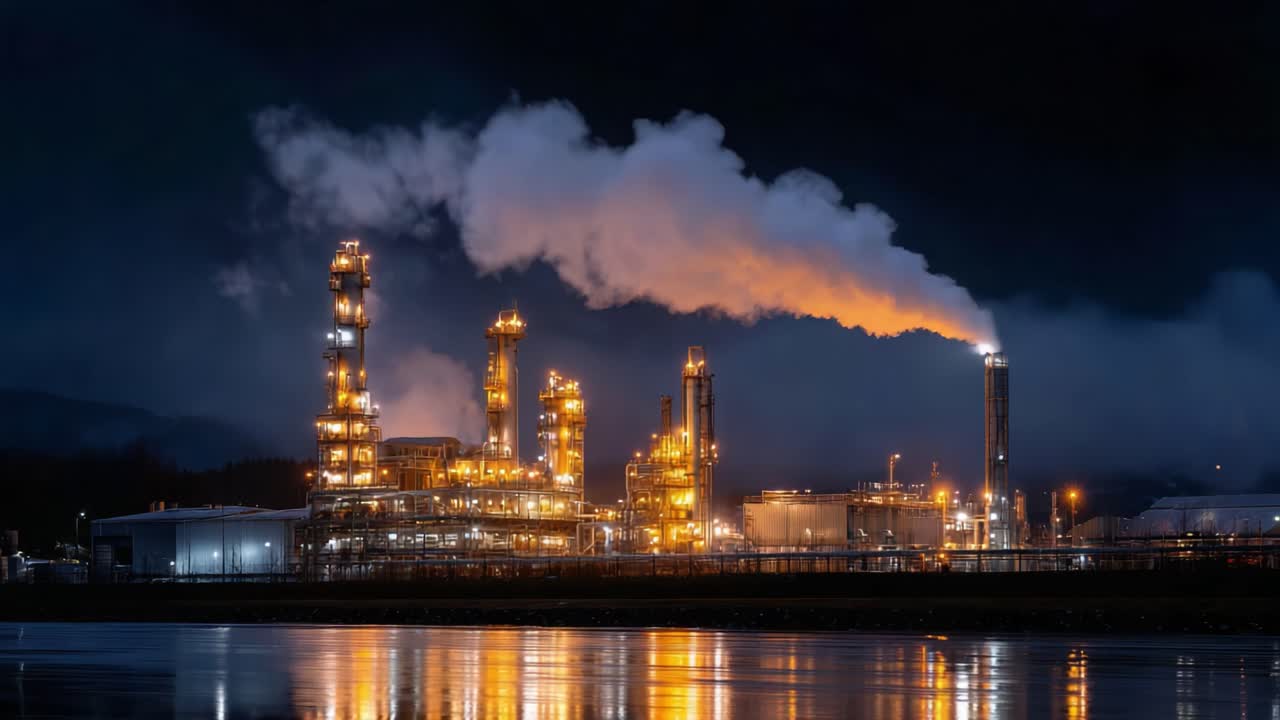 Illuminated Industrial Complex at Night: A View of a Busy Oil Refinery Emitting Vapor and Light Across the Tranquil Water Surface with Reflected Illuminations