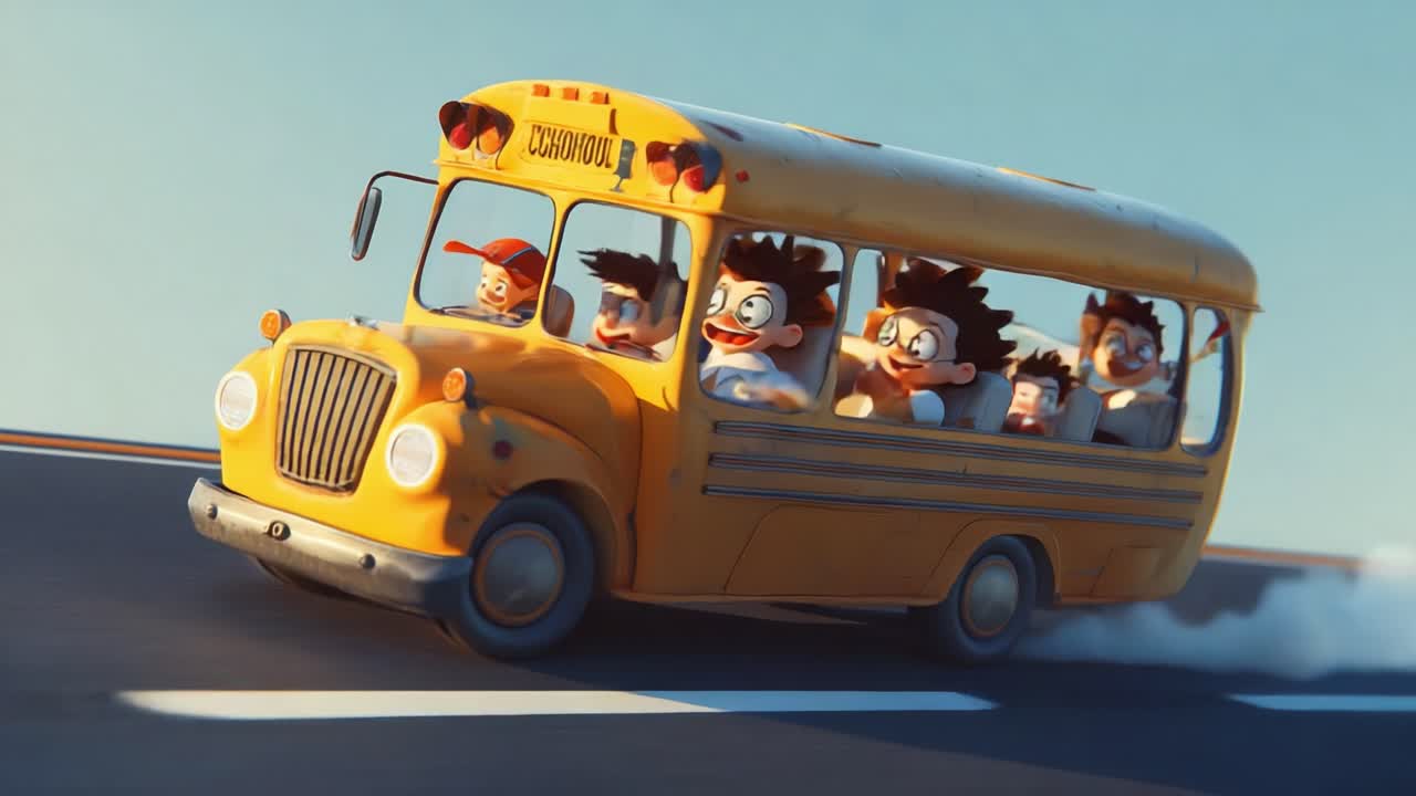 Animated Kids Having a Wild Ride on a Yellow School Bus, Expressing Joy and Excitement While Speeding Through a Scenic Highway with Dynamic Movements and Bright Colors