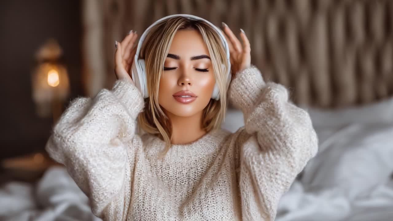 A Peaceful Moment of Bliss: Enjoying Music with Headphones in a Cozy Bedroom, Capturing the Essence of Relaxation and Comfort in a Beautiful Setting
