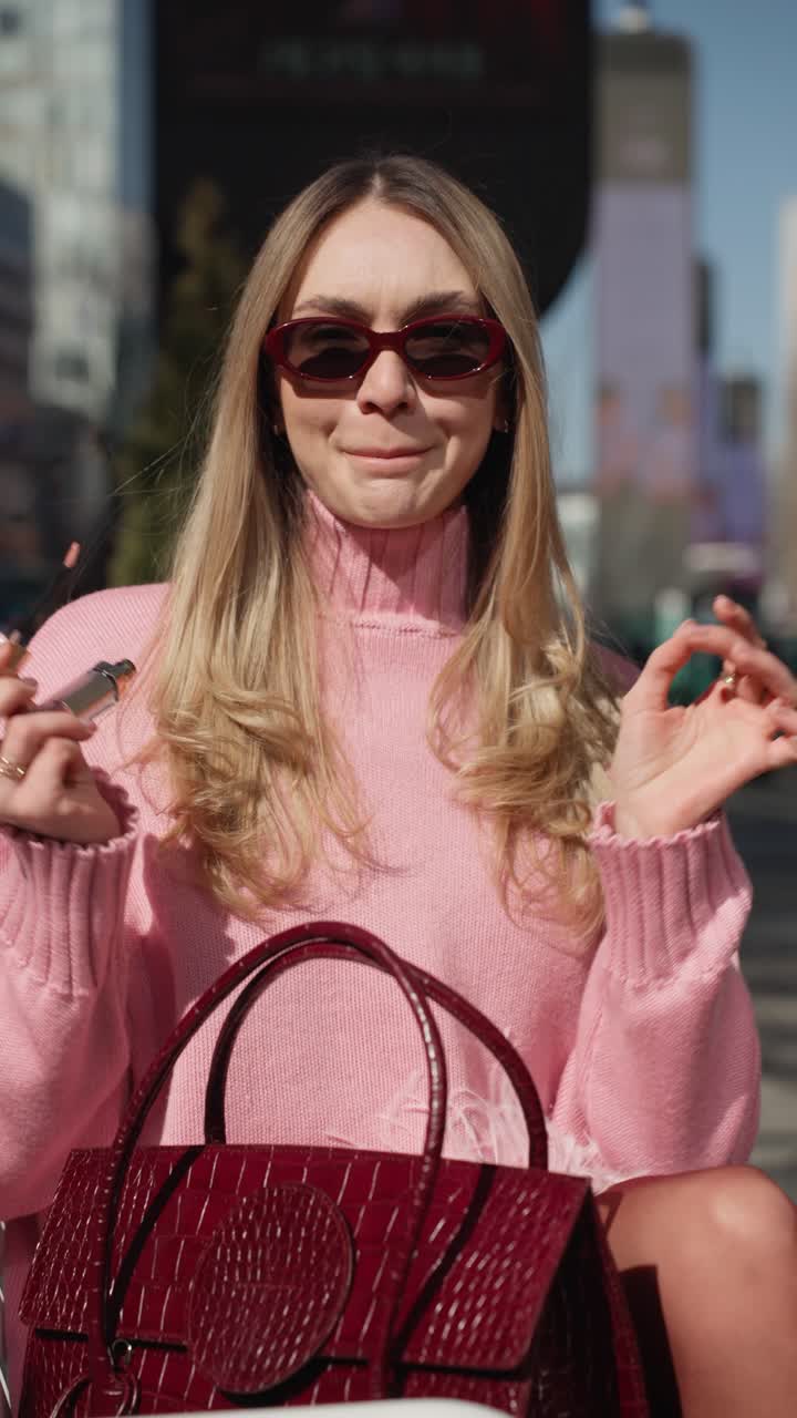 Vertical - Stylish Chic Woman in Pink Outfit Applying Lip Gloss at City Street Sitting on Bench and Looking at Camera
