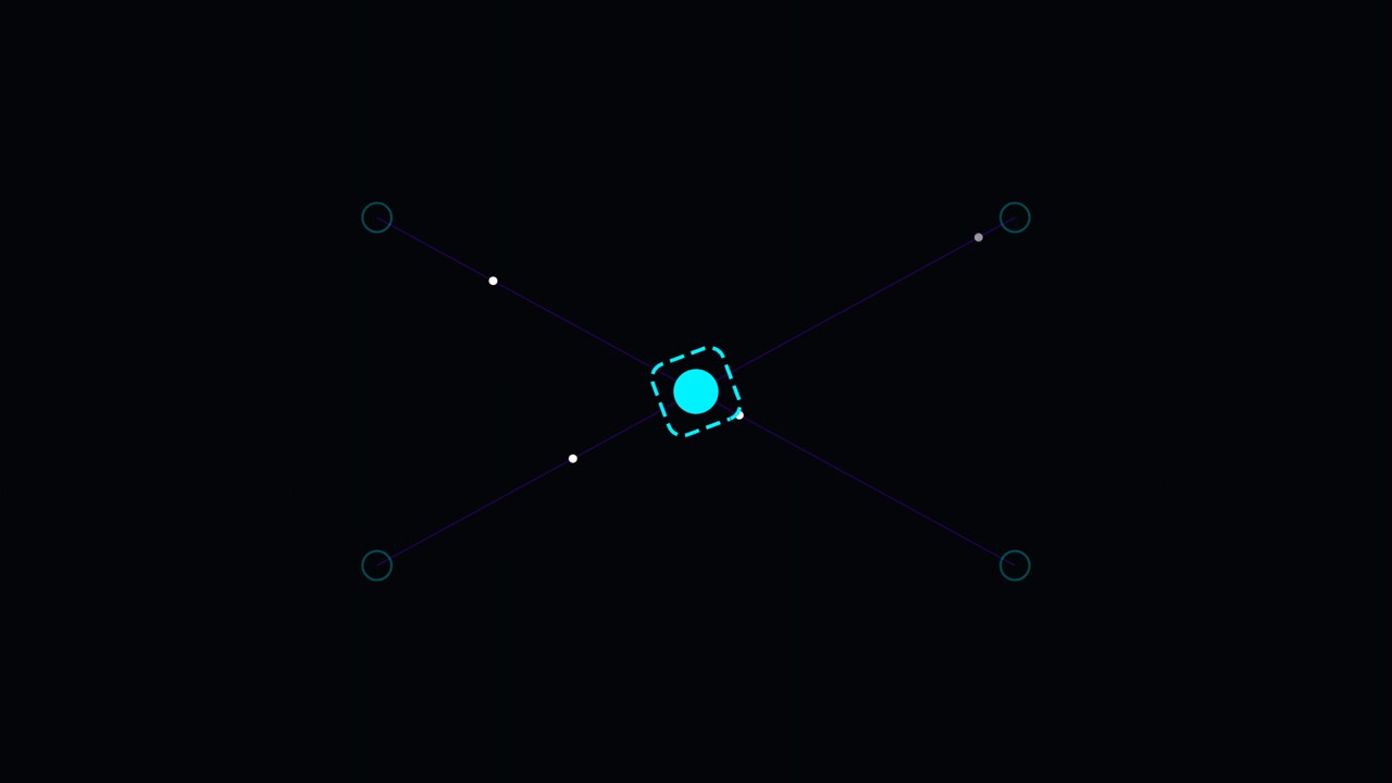 Grafica in movimento astratta di un cerchio ciano luminoso che si muove tra quattro punti