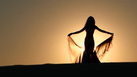 silhouette of a woman dancing at sunset in the desert