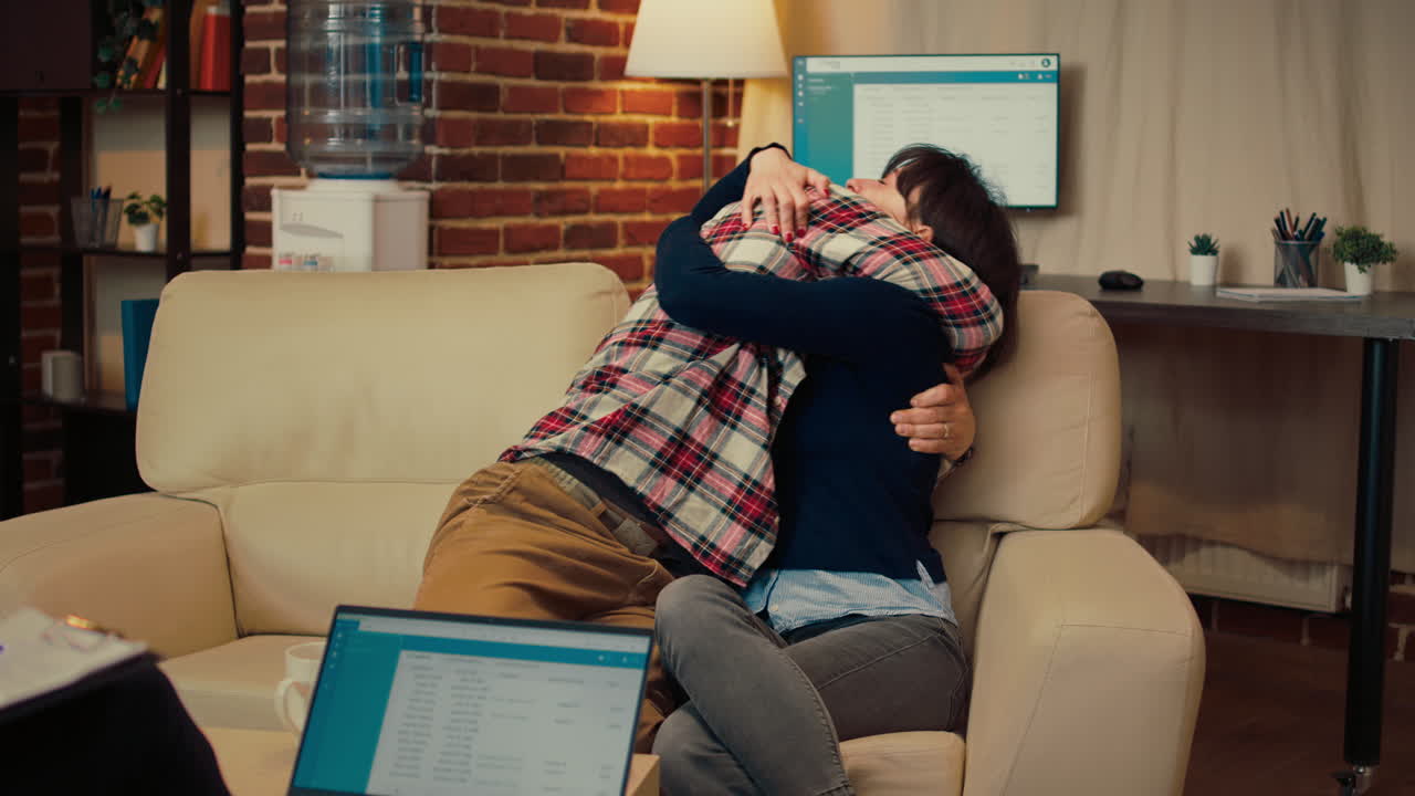 Man and woman making up and solving problems at couple therapy session