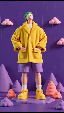 3d cartoon character in a rainy landscape