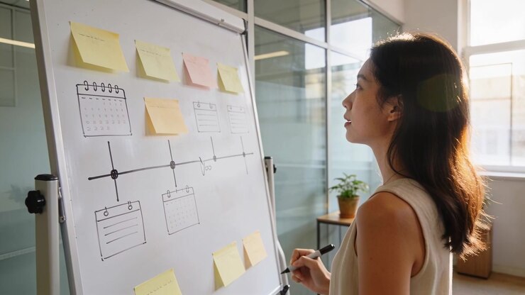 Woman marking timeline on whiteboard, holding marker and reviewing notes near window, AI-generated