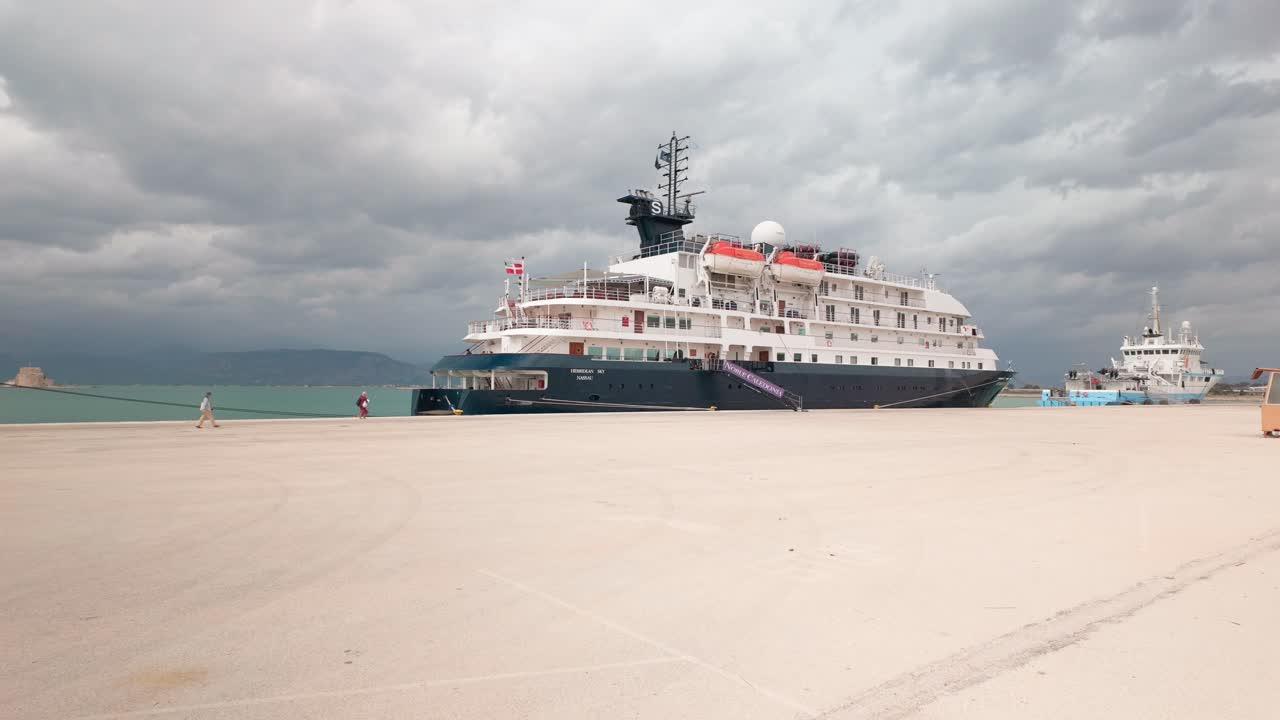 Mediterranean tourist Cruise ship Hebridean Sky moored to Greek dockside