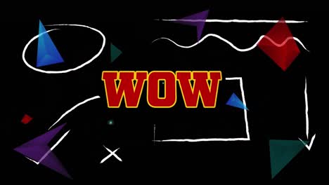 Animation-of-wow-text-over-colorful-shapes-on-black-background