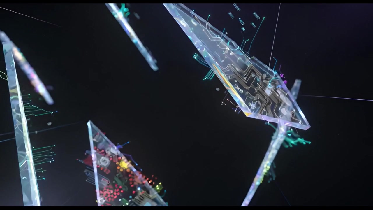 Futuristic Transparent Geometric Shapes with Glowing Circuit Board Patterns