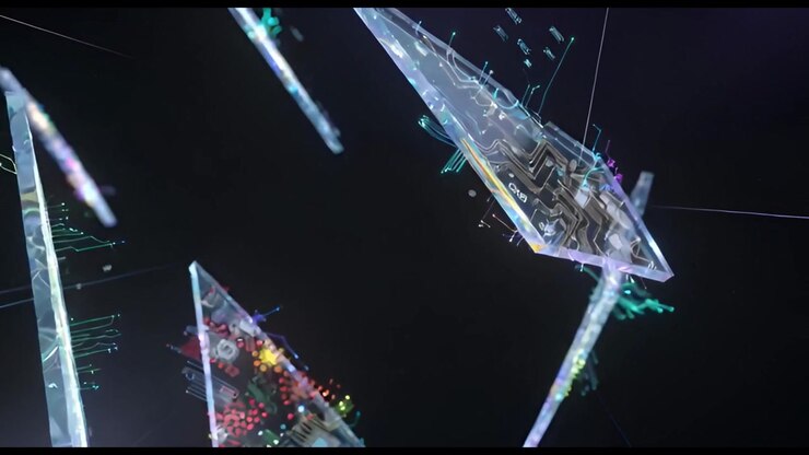 Futuristic Transparent Geometric Shapes with Glowing Circuit Board Patterns