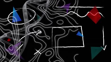 Animation of shapes, dna strand and white lines over black background