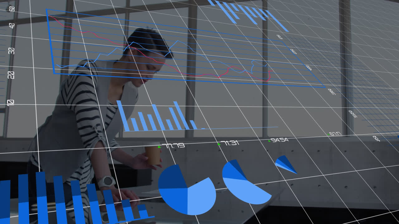 Animation of graphs, changing numbers, biracial woman looking at digital tablet and holding coffee